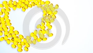 Heart shaped of cod liver oil isolated on white background with copy space. Source of Omega-3 DHA+EPA and vitamin A & D helps gr