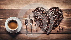 Heart shaped coffee beans, cup of coffee and spoon. View from above.