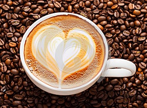 heart - shaped coffee Cup with coffee beans around