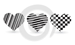 Heart shaped collection, multi style, black, three stars with shadow, placed on a white background.