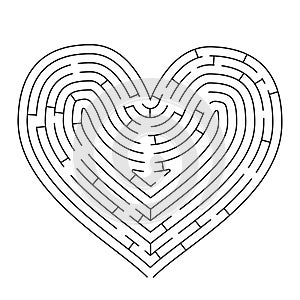 Heart shaped complicated maze, black silhouette on white