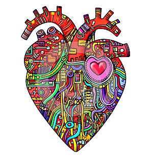 Heart shaped computer circuitry, concept of emotionally aware machines. Generative AI illustration isolated on white background