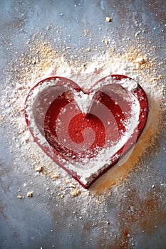 heart-shaped cookie cutter on a flour-dusted surface