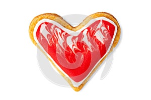 Heart shaped cookie glazed with fondant isolated on white background, top view