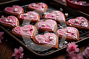 heart-shaped cookies decorated with icing on a baking tray