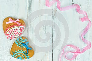 Heart shaped cookies for valentine day on wooden table. Top view, copy space