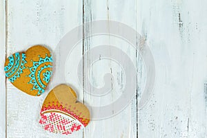 Heart shaped cookies for valentine day on wooden table. Top view, copy space