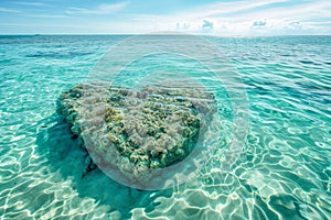 A heart-shaped coral emerges from the crystal-clear waters of the ocean, showcasing its intricate patterns and vibrant colors, A