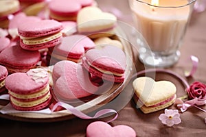 Heart-shaped cream cakes for valentine\'s day on a festive table with candles and flowers