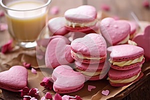 Heart-shaped cream cakes for valentine\'s day on a festive table with candles and flowers