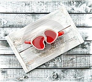 Heart shaped cups red tea drink Valentines day concept