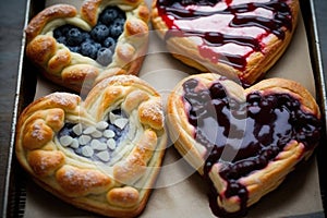 heart-shaped danishes with red cherry or blueberry fillings