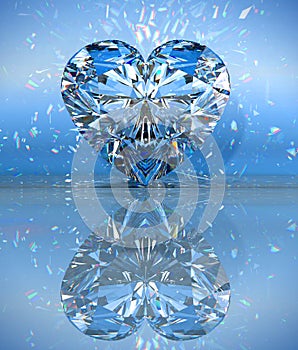 Heart shaped diamond over blue with reflection