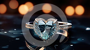 Heart shaped diamond ring on a black bokeh background. Macro shot