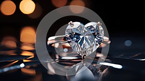 Heart shaped diamond ring on a black bokeh background. Macro shot