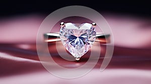 Heart shaped diamond ring on a pink background. Macro shot