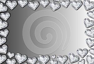 Heart shaped diamonds frame on silver background