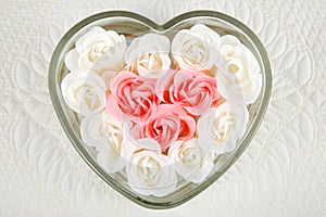 Heart Shaped Dish Filled with Ivory and Pink Roses