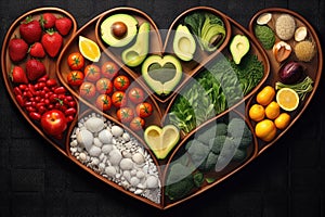 heart shaped dishes of high fiber healthy foods