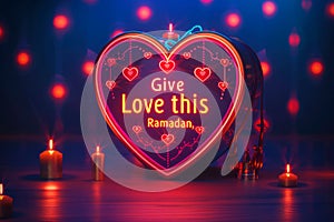 heart-shaped donation box with the words Give Love this Ramadan, promoting compassion and empathy towards others