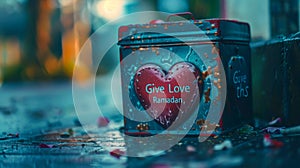 heart-shaped donation box with the words Give Love this Ramadan, promoting compassion and empathy towards others