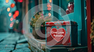 heart-shaped donation box with the words Give Love this Ramadan, promoting compassion and empathy towards others
