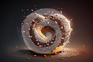 Heart shaped donut with chocolate icing and sprinkles, standing on melting glaze. Generative AI