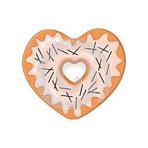 Heart shaped donut isolated on white background. Doughnut decorated with pink sugar icing and chocolate sprinkles. Delicious