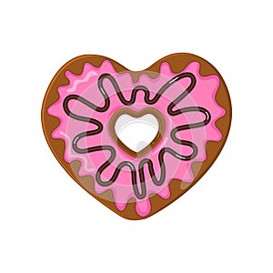 Heart shaped donut isolated on white background. Doughnut with pink icing and chocolate topping. Sweet dessert for Valentines day