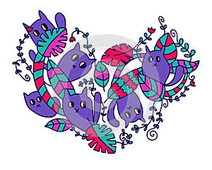 Heart shaped doodle pattern with cute cats in the jungle. Love for pets concept. Bright colors. Hand drawn vector illustration