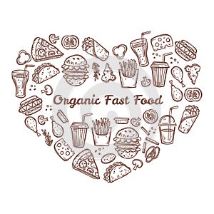 Heart-shaped doodle vector organic fast food collection