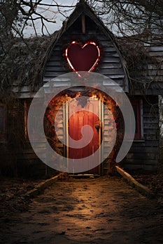 a heart shaped door with lights on the front of a house