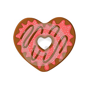 Heart shaped doughnut isolated on white background. Donut with strawberry glaze, coconut flakes and chocolate topping