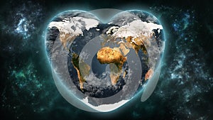 Heart shaped Earth planet on a outer space background. Love and respect the world, ecology, astronomy concepts. Earth textures