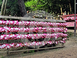 Heart shaped ema plaques ( wish plaques ) at shrine in Kyoto, Japan