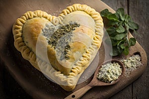 heart-shaped empanada filled with cheese and herbs
