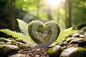 Heart-shaped fern in a sunlit forest setting., Generated AI