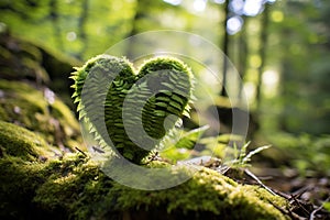 Heart-shaped fern in a sunlit forest setting., Generated AI