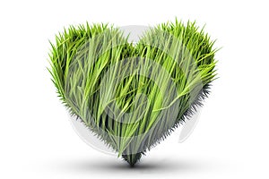 Heart-shaped figurine made of bright green grass, set against a white background. serves as a symbolic representation of