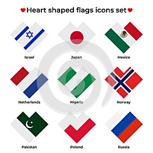 Heart shaped flags icons set. Flag icon in simple rectangular heart shape, flat style. Vector icon, symbol. I love israel, japan