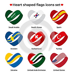 Heart shaped flags icons set. Icon flag from Ribbon curls. Vector icon, symbol, button. Illustration in flat style