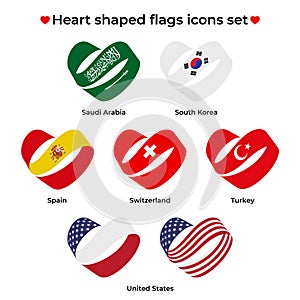 Heart shaped flags icons set. Icon flag from Ribbon curls. Vector icon, symbol, button. Illustration in flat style