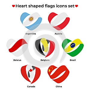 Heart shaped flags icons set. Icon flag from Ribbon curls. Vector icon, symbol, button. Illustration in flat style