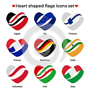 Heart shaped flags icons set. Icon flag from Ribbon curls. Vector icon, symbol, button. Illustration in flat style