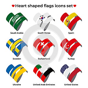 Heart shaped flags icons set. Icon of France Flag from Ribbon curls. Vector icon, symbol, button. Flat style