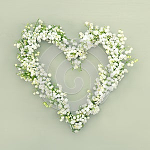 Heart shaped flower wreath on green background