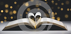 Heart-shaped folding book in the golden bokeh backdrop, Concept ideas for reading and love, soft-focus bokeh background