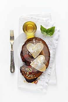 Heart shaped food. delicious ravioli. freshly homemade. on a boa