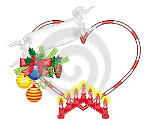 Heart-shaped frame with Christmas decorations and light candle arch.