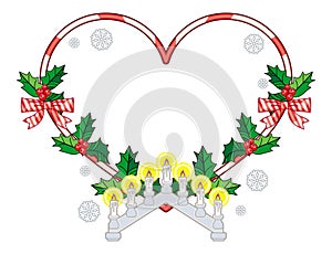 Heart-shaped frame with Christmas decorations and light candle arch.